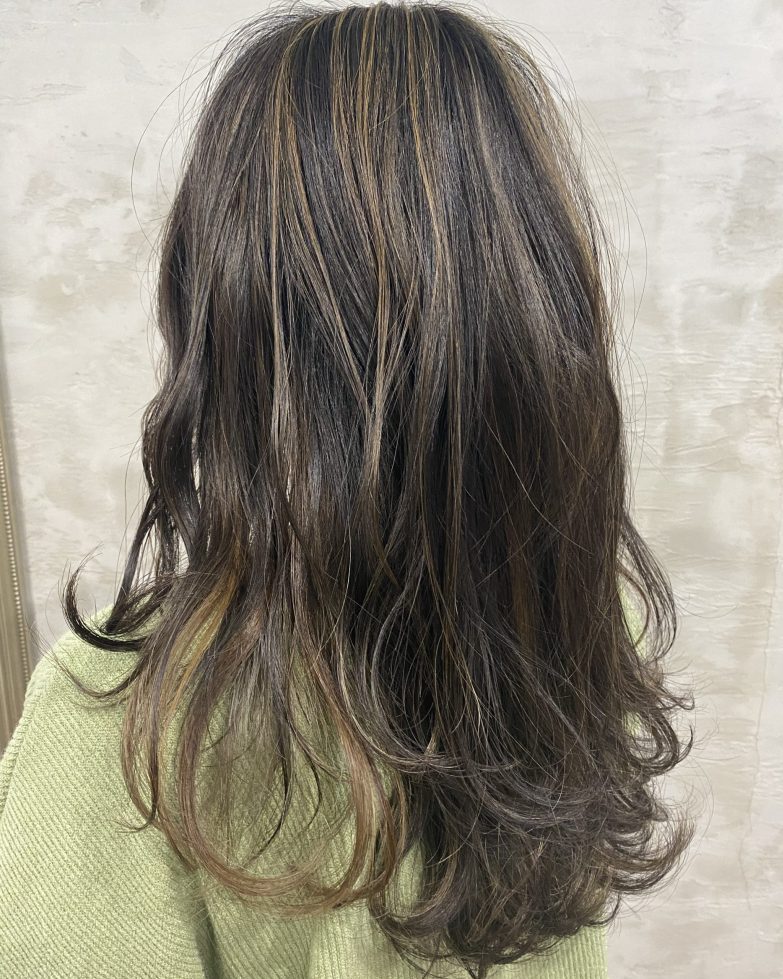 黒髪にアッシュベージュのハイライトを入れた女性